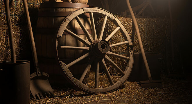 Rustic barn interior with old wooden wagon wheel, farm tools, and barrels, evoking rural heritage