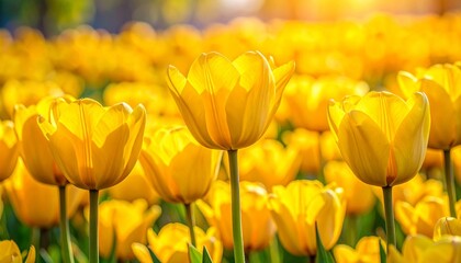 Obraz premium Vibrant Yellow Tulips Blooming in Springtime Sunlight Perfect for Nature and Floral Themes.