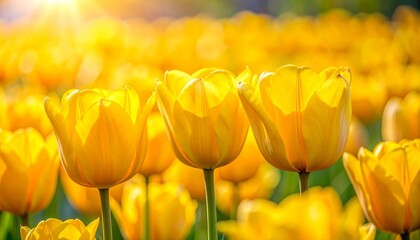 Obraz premium Golden Field of Tulips in Springtime Sunshine Warmth and Beauty.