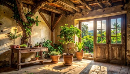 Fototapeta premium Serene Rustic Sunroom with Plants and Wooden Architecture Natural Light Filtering through Doorway Peaceful Garden Space.