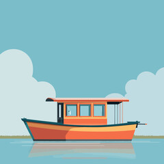 Obraz premium Orange Fishing Boat Sailing on Calm Blue Water Illustration