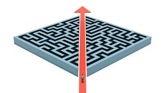 Optimized business strategy and direct path to success, man walking on red arrow through blue maze, 3d render