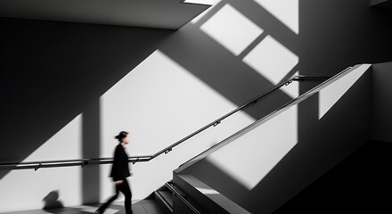 High Contrast Business Movement: Motion-Blurred Figure Ascending Modern Stairs with Geometric Light and Shadow.