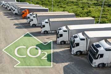 Fleet of trucks with CO2 emission reduction symbol. Decarbonization and carbon neutrality concept