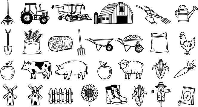 Farming and Agriculture Icons Set: Hand-drawn Black and White Line Art Collection of Farm Tools, Animals, Produce, and Rural Elements Doodle Style.