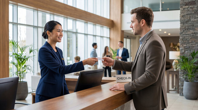 Asian female receptionist handing key card to male guest at hotel check-in desk. Professional hospitality service in modern lobby. Business travel and arrival concept