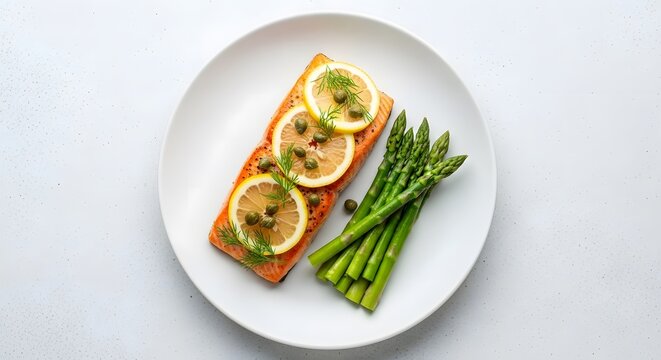 Gourmet salmon fillet, pan-seared salmon with lemon and capers, healthy asparagus side dish, elegant white plate presentation