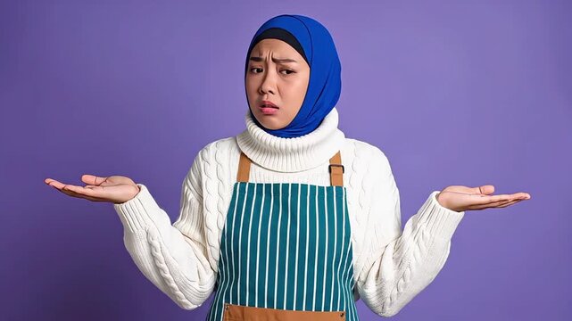 Young Muslim woman wearing apron with puzzled expression against purple background.