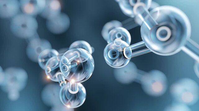 Abstract 3d illustration of transparent molecular structure with glass spheres and connections representing chemistry, science, and nanotechnology