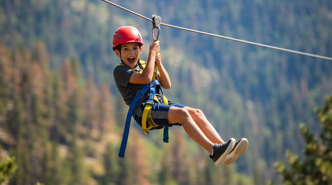 Excited boy ziplining in the mountains. Happy child on a zip line adventure during summer camp. Outdoor activity and adrenaline concept