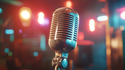 Close-Up of a Vintage Chrome Microphone on a Colorfully Lit Stage. AI generative.