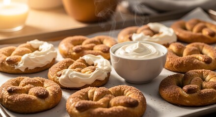 Naklejka premium Warm, freshly baked soft pretzels are served with a side of cream cheese dip on a rustic tray.