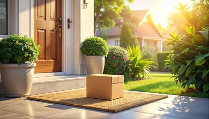 Cardboard package on doormat at front door sunrise