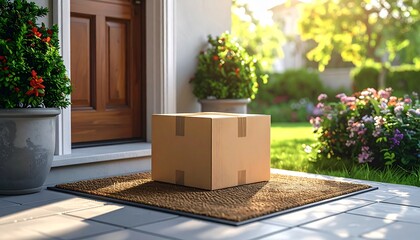 Cardboard package on doormat at front door sunrise