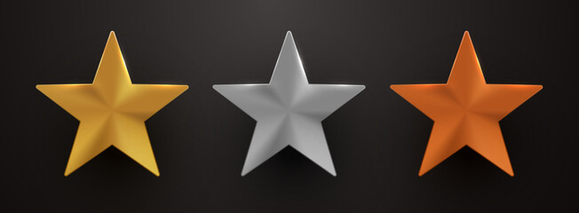 Fototapeta premium Shiny Gold, Silver, Bronze Stars for Award Ranking. Vector illustration.