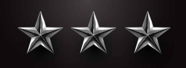 Obraz premium Three glossy silver stars on a dark background. Ideal for quality rating, review, or achievement concepts. Vector illustration