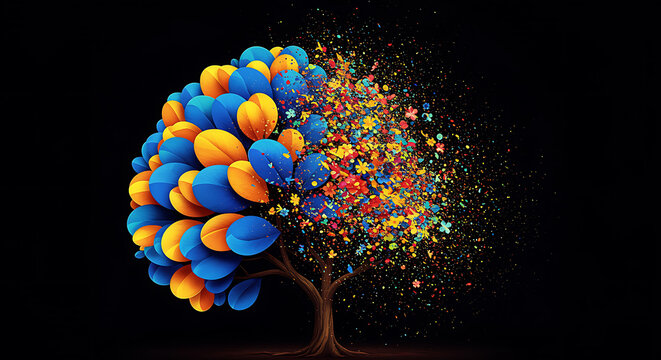 Conceptual growth tree radiating a vivid burst of inspiration, innovation, and diverse concepts
