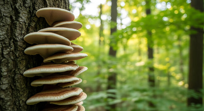 Stacked polypore fungi ascending a tree trunk in a lush, verdant forest, showcasing natural growth patterns and woodland beauty