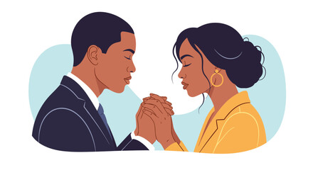Fototapeta premium Young black couple in professional business attire praying together with eyes closed and hands joined for guidance and spiritual strength.