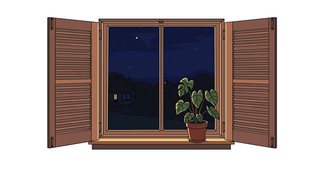 Peaceful night view through an open wooden window with shutters and a potted plant on the sill overlooking a quiet house under a starry sky.