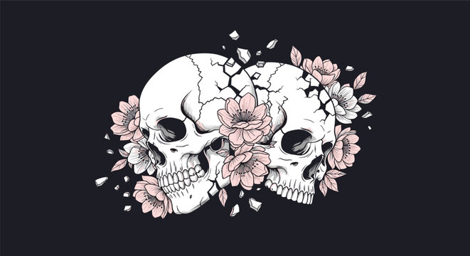 Two human skulls are decorated with delicate pink flowers and shattered fragments over a dark minimalist background.