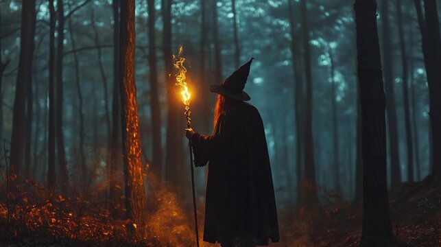 In the dark woods, a woman dressed as a witch stands with a magical staff as flames glow. It is Walpurgis Night, filled with mystery.