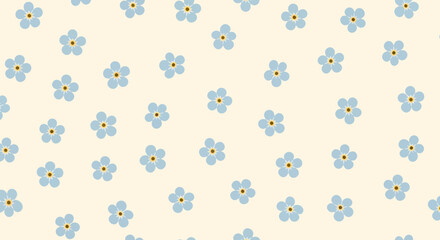 Obraz premium A delicate flower pattern featuring blue flowers with yellow centers on a soft cream background, viewed from directly above