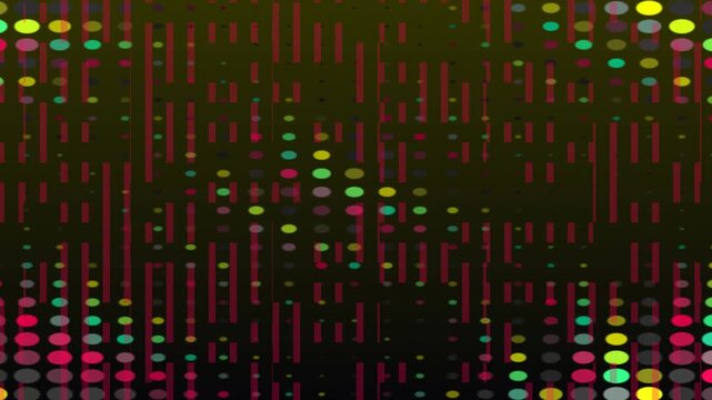 Multicolored LED light display. Glowing dots and lines. Dark background. Colorful pixel pattern. Nighttime cityscape effect. Technology and digital concept. Vector illustration.