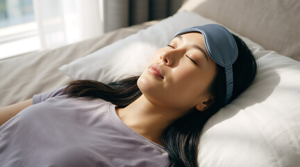 Fototapeta premium Young Asian woman sleeping in bed with blue eye mask. Relaxed female resting on pillow in morning sunlight. Sleep and wellness concept