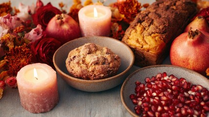 Fototapeta premium Warm baked goods and fruits arranged on a table with candles in a cozy setting