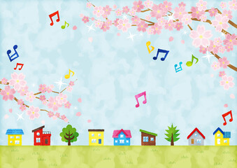 音符が舞う桜と家並みの春風景イラスト｜水彩風・横長・コピースペースあり