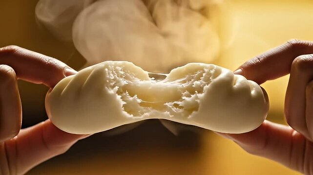 Steaming Hot Chinese Pao Bun Split Open in Slow Motion Macro Shot