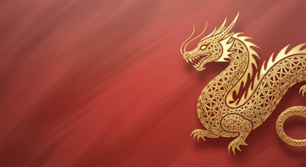 Obraz premium Majestic Golden Dragon Artwork on Red Background, Asian Culture, Digital Illustration, Artistic Environment, Side View, Mythical Concept