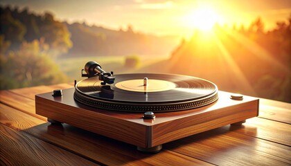 Vinyl record player on wooden table at sunset