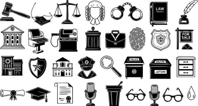 Black and White Line Art Icons Set for Law and Justice, depicting legal symbols, court objects, and crime investigation tools, ideal for legal services and education graphics.