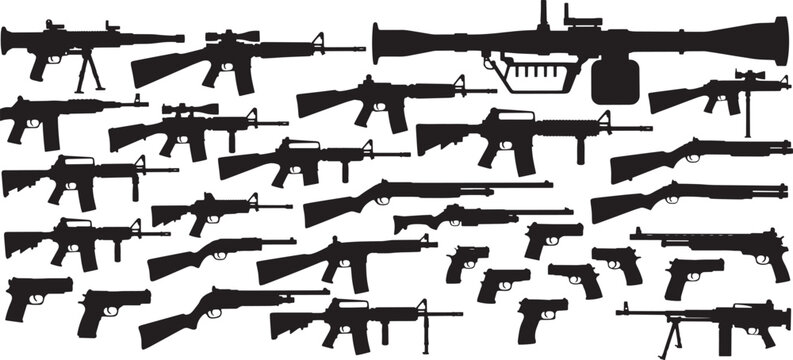 Comprehensive array of various firearm silhouettes, showcasing a wide range of weapon types including handguns, rifles, and launchers, presented as vector graphics