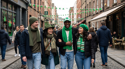 Fototapeta premium Diverse group of friends celebrating St. Patrick's Day in Dublin. Young adults walking on cobblestone street wearing green hats and scarves. Festive Irish holiday celebration with shamrock bunting