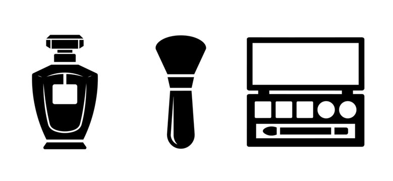 Black and white silhouette icons depicting perfume makeup brush and eyeshadow palette high quality professional detailed