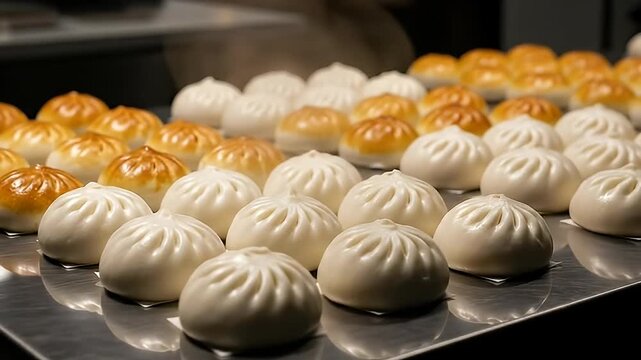 Fresh Rows of Steamed and Pan-Fried Chinese Buns Pao Baozi Dim Sum