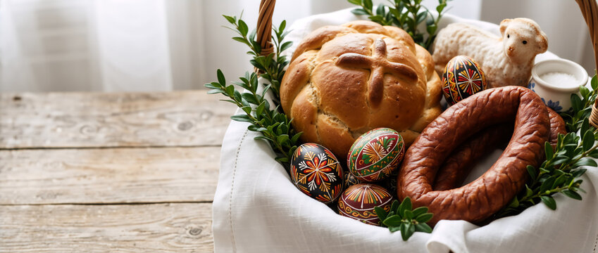 Traditional Easter blessing basket with braided bread and painted eggs. Polish Swieconka with sausage and sugar lamb on a rustic wooden table. Close up of holiday food symbols