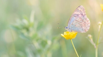 Fototapeta premium Macro shot of a butterfly on a yellow wildflower. Spring equinox day in a green meadow. Close up of insect on blossom