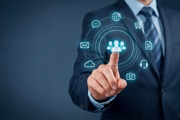 Businessman selecting customer relationship management icon on virtual digital touchscreen interface