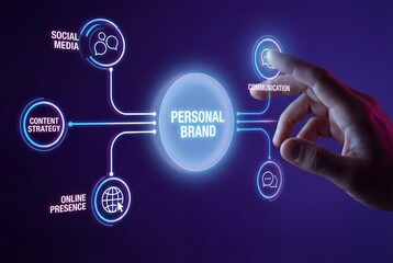Hand touching a glowing virtual interface displaying personal brand and communication icons