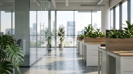 Obraz premium Minimalist Open Plan Office Background with Blurred High-Tech Workspace and Modern Lighting for Web Banner