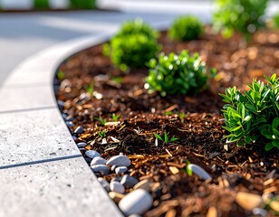 Freshly landscaped garden bed with mulch and plants