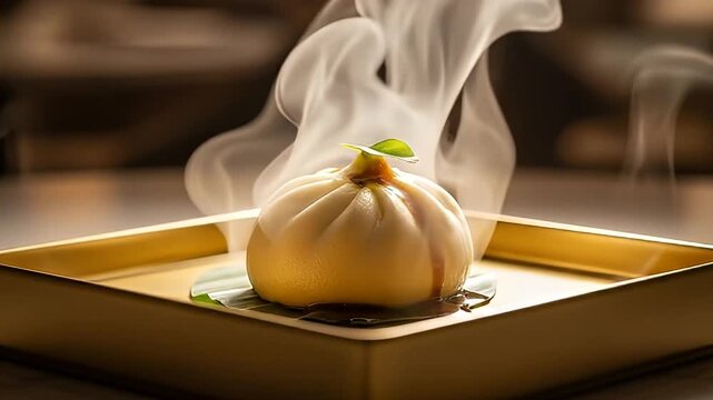Hot Steaming Chinese Pao Bun on a Golden Dish Cinematic Food Shot