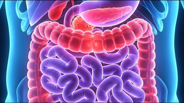 3d medical illustration of the human digestive system and internal organs in a glowing blue body, suitable for healthcare education, biology presentations, anatomical studies, and medical research.