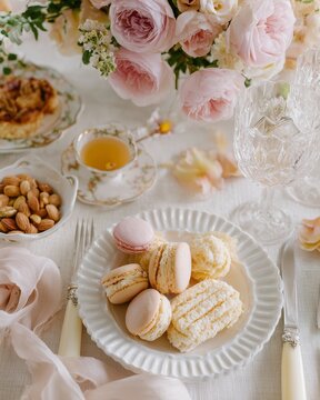 Elegant parlor table set for five featuring a plate of assorted macarons, crystal glassware, floral centerpiece, and tea cup with almonds on a white tablecloth
