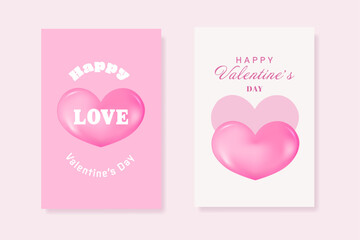 Valentine's Day greeting card with glossy hearts in soft pink. Vector backgrounds in modern trendy style.