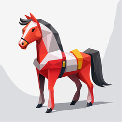 Obraz premium Stylized geometric red horse with saddle against a neutral background, a unique polygonal art piece